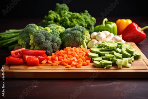 wood chopping board with freshly chopped vegetables