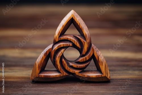 a trinity knot carved on wooden surface