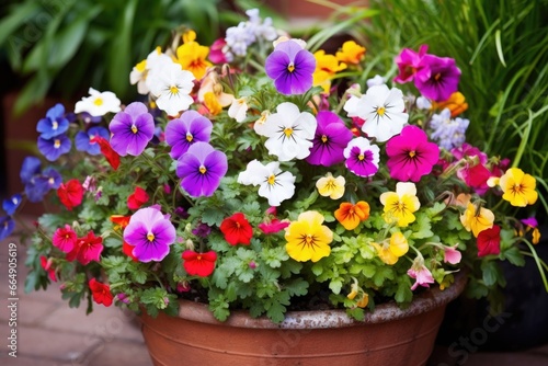 mix of different flowers blooming harmoniously in a pot