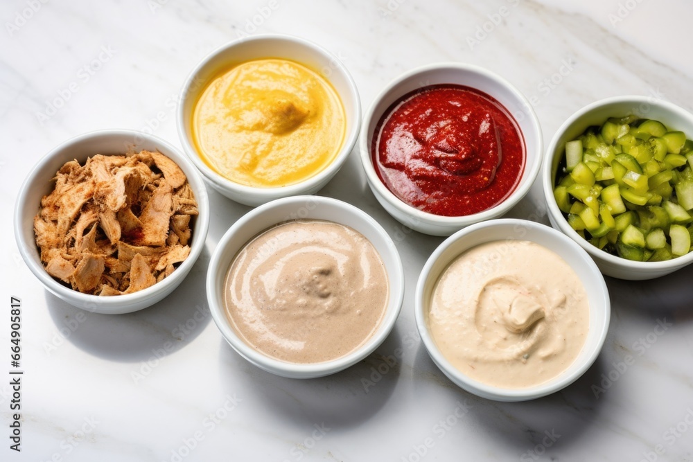toppings and sauces used for shawarma in separate bowls toppings and sauces used for shawarma in separate bowls