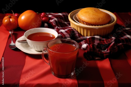 cranberry sauce  gravy and pumpkin pie on a red tablecloth