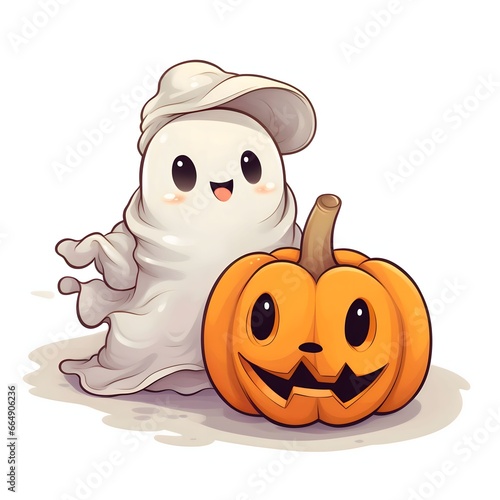 Smiling ghost with pumpkin, Halloween image on a white isolated background.