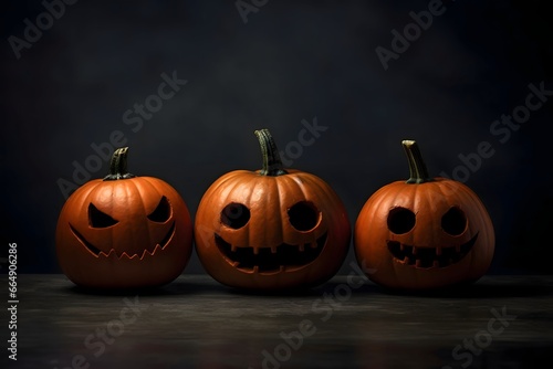 Three gouged jack-o-lantern pumpkins on a dark background, a Halloween image. photo