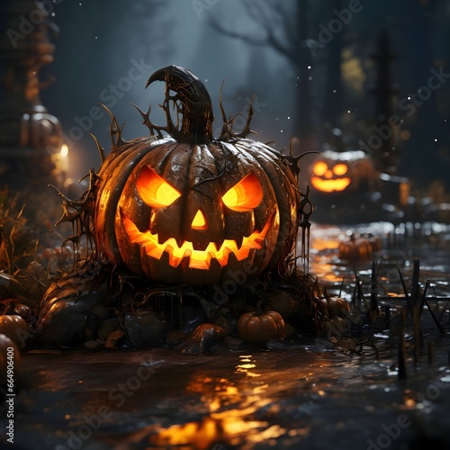 Glowing jack-o-lantern pumpkin in a dark forest with flowing water all around, a Halloween image.