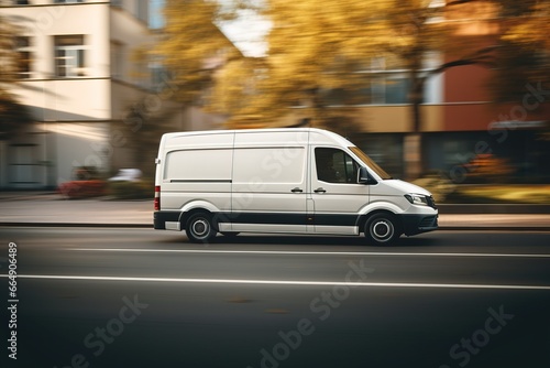 A white delivery van drives on the road during the day.