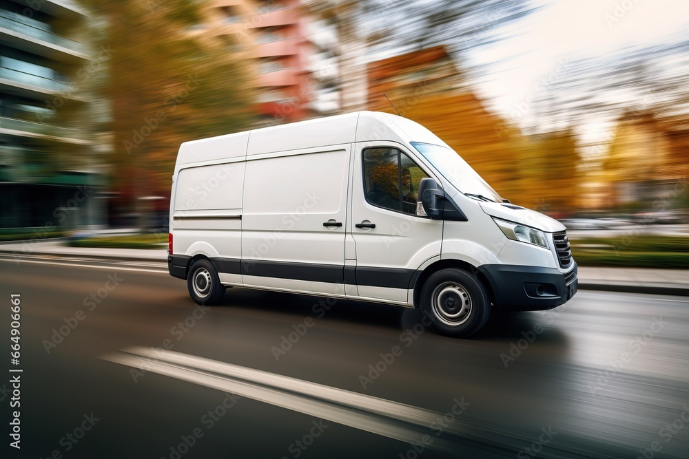 A white delivery van drives on the road during the day. A white delivery van drives on the road during the day.