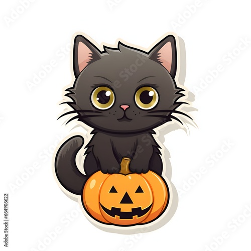Sticker black cat holding jack-o-lantern pumpkin, Halloween image on a bright isolated background.