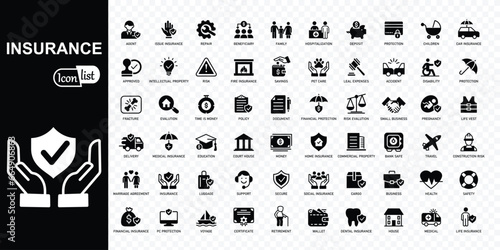 Insurance Icons set. Insurance and assurance icons for web and mobile app. Protection of health, life, property, car, home, travel insurance icons and more.