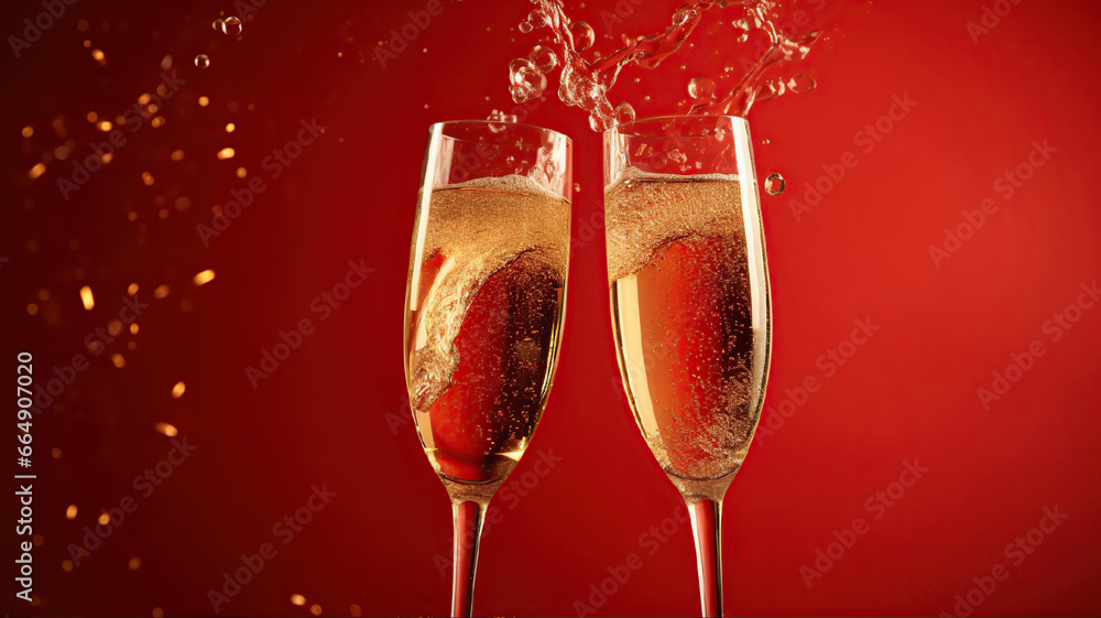 Two glasses of champagne with fizz bubbles and splashes. Sparkles on the red background. New Year and Christmas celebration Two glasses of champagne with fizz bubbles and splashes. Sparkles on the red background. New Year and Christmas celebration