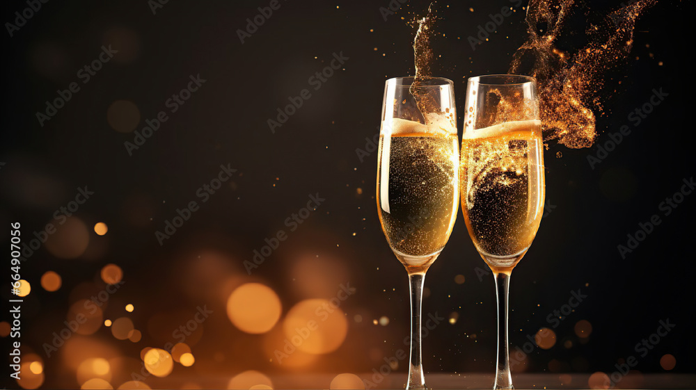 Two glasses of champagne with fizz bubbles with sparkles and golden bokeh lights on the background. New Year and Christmas celebration Two glasses of champagne with fizz bubbles with sparkles and golden bokeh lights on the background. New Year and Christmas celebration