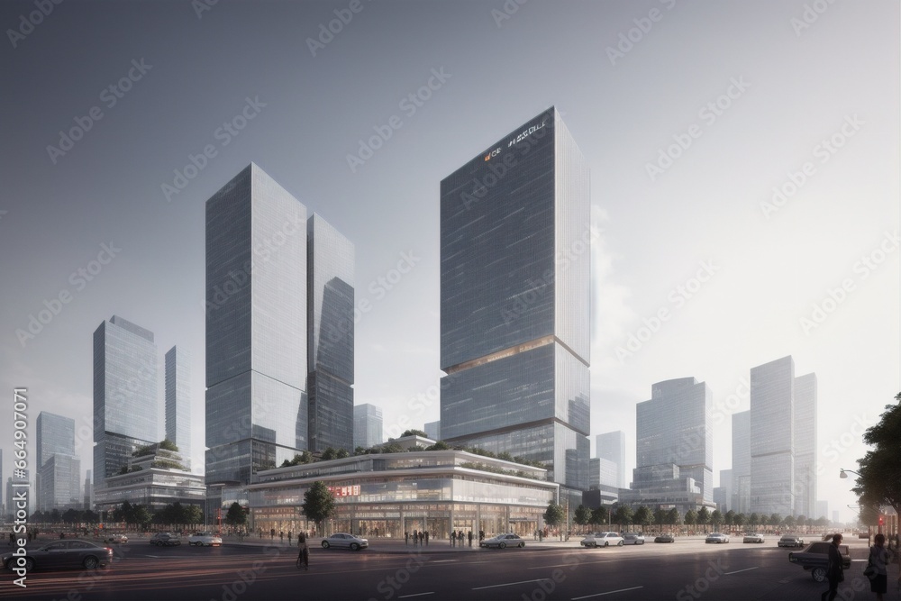 rendering of a city with tall buildings and a street with cars