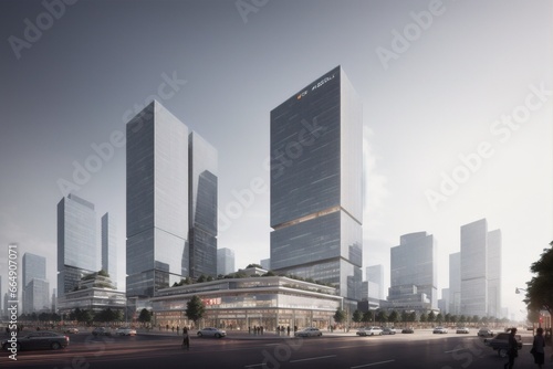 rendering of a city with tall buildings and a street with cars