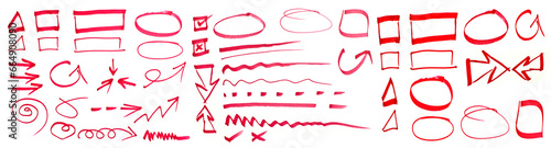 collection of hand drawn red pen on white background. photo