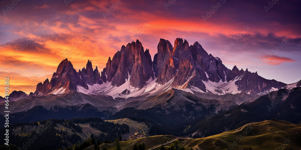 Fiery sunset over Dolomites, Italy, vivid orange and purple sky, silhouette of jagged peaks, ethereal atmosphere