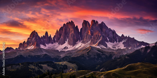 Fiery sunset over Dolomites  Italy  vivid orange and purple sky  silhouette of jagged peaks  ethereal atmosphere