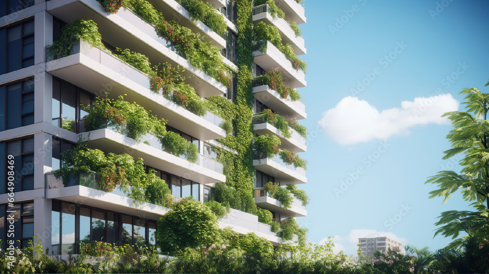 Skyscraper with nature garden on the walls and balconies, side view. Renewing nature, sustaining ecosystems, revitalizing degraded environments