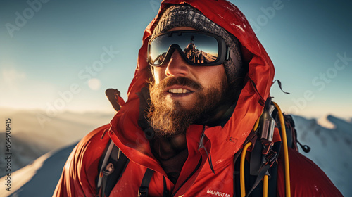a mountaineer nearing the summit, ice axes in hand, determined expression, 40s, wearing red parka and snow goggles, ropes and carabiners visible, morning light photo