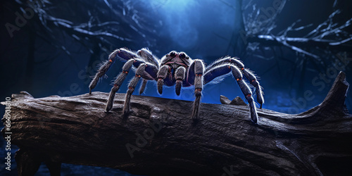 tarantula spider perched on a rustic log, moonlight, eerie atmosphere, blue light accents