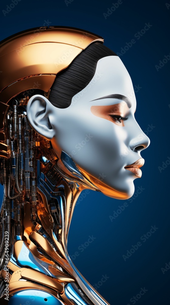 a human profile merging seamlessly into a metallic robot face, depicting the synergy of human intelligence and AI, set on a gradient background transitioning from skin tones to chrome