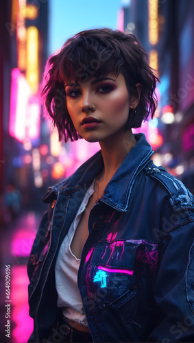 portrait of a short-haired girl in a jeans jacket, on the street in a cyber punk style