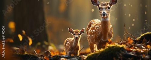 Deer and Fawn With a Blurry Forest Background © Resdika