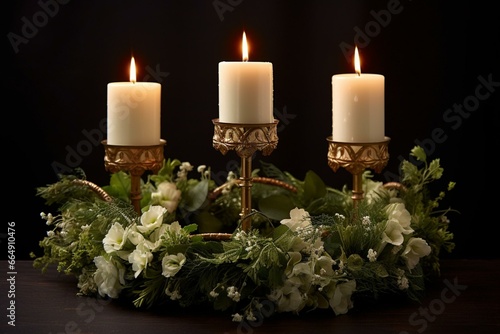 Adorned floral wreath with three lit candles. Generative AI