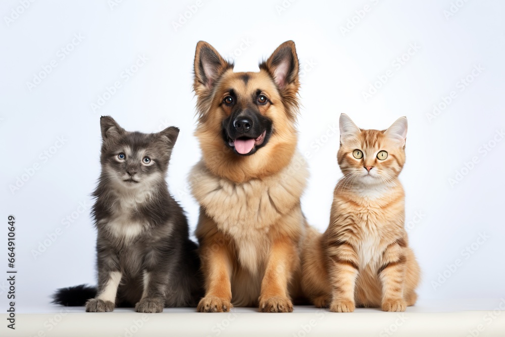 dogs and cats sitting in a row, white background, pet concept, white background