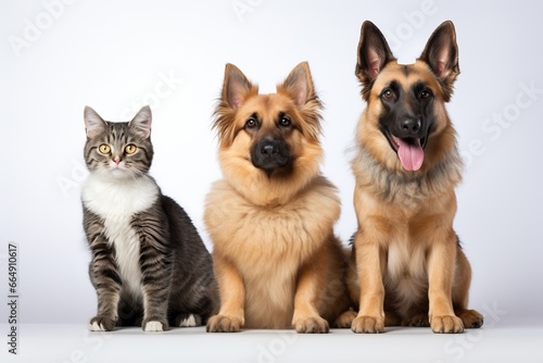 dogs and cats sitting in a row  white background  pet concept  white background