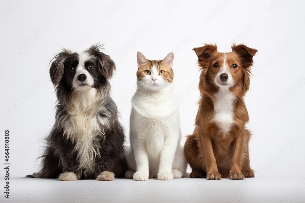 dogs and cats sitting in a row, white background, pet concept, white background