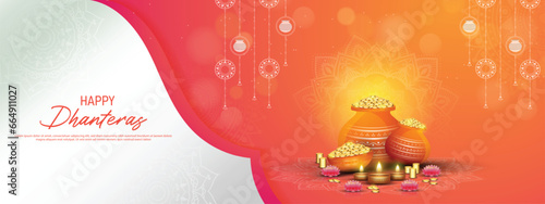 Happy Dhanteras - poster template design with gold coin in pot and decorative diya lamp.