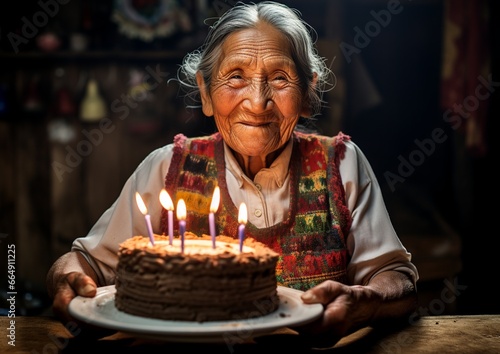 Ecuadorian elderly woman in traditional attire celebrating with a delightful birthday cake