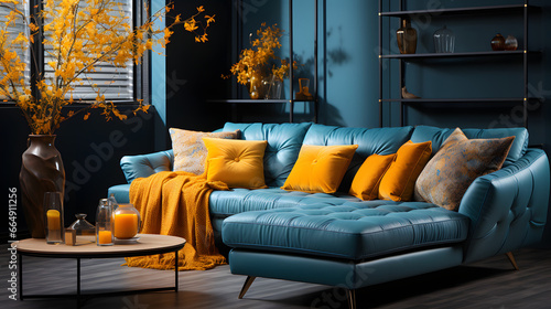 Blue corner sofa against window dressed with curtains. Interior design of modern living room