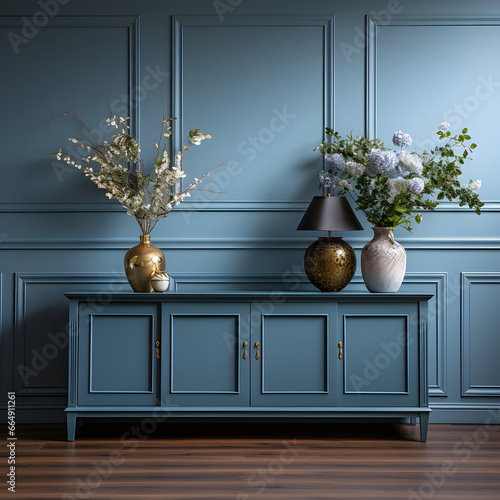 Blue painted wood retro cabinet near wainscoting wall. Vintage classic home interior design of living room with antique furniture