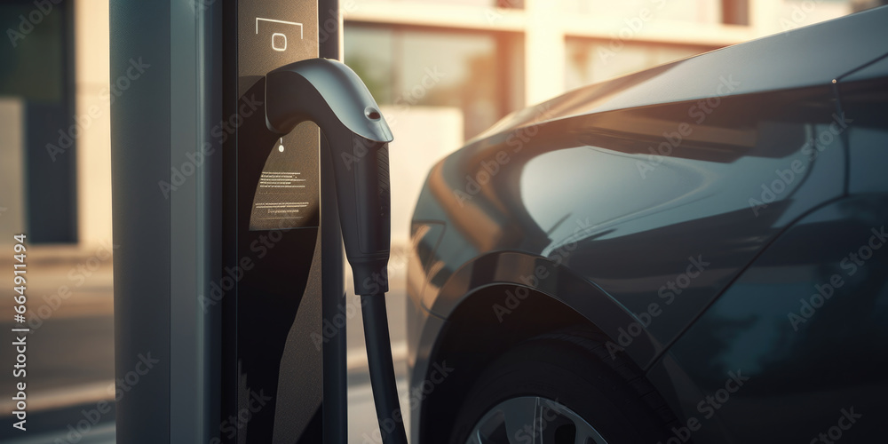 Close up of electric car charging power with clean energy, Power station infrastructure for sustainable or renewable energy Close up of electric car charging power with clean energy, Power station infrastructure for sustainable or renewable energy