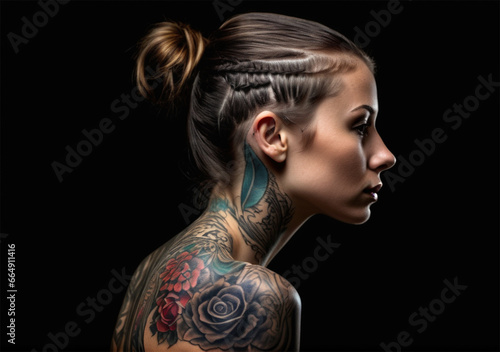 beautiful woman with a tattoo isolated in a dark background