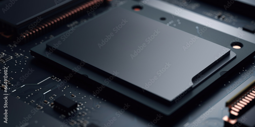 Close up of a solid state drive or ssd on a black motherboard, Detail of hard drive for data storage Close up of a solid state drive or ssd on a black motherboard, Detail of hard drive for data storage