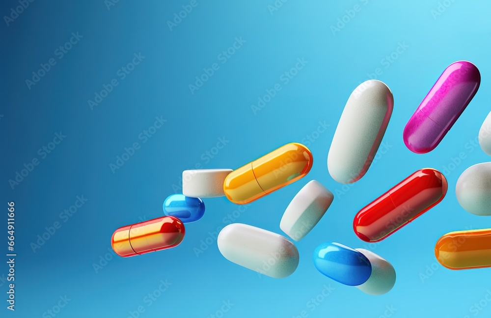 Medicines stacked in photo on blue background. Medicines stacked in photo on blue background.
