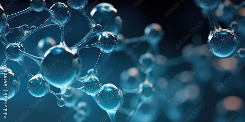 Macro of hydrogen cells or blue liquid molecules with water atoms for green energy transport and technology - obrazy, fototapety, plakaty 