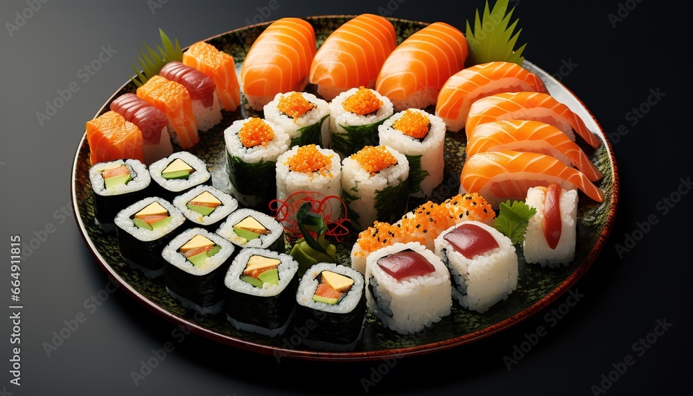 delicious Japanese food with several kinds of sushi. Generative AI delicious Japanese food with several kinds of sushi. Generative AI