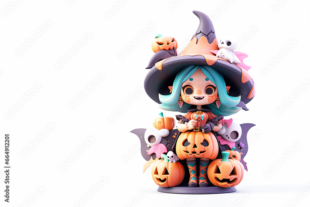 A cute Wizard girl with skull face makeup in colorful traditional dress with scary halloween pumpkins on isolated white background A cute Wizard girl with skull face makeup in colorful traditional dress with scary halloween pumpkins on isolated white background