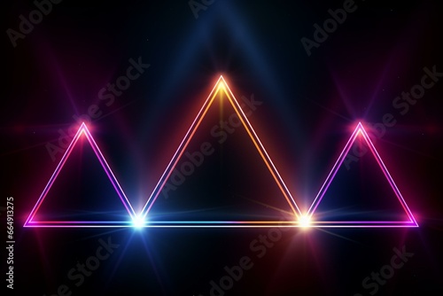 Abstract geometric line glowing with colorful neon light over black background. Generative AI