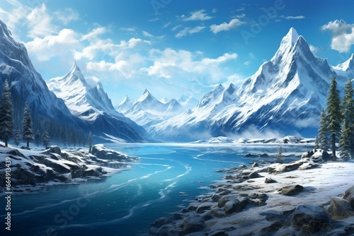 A wintry scenery featuring a frozen lake and majestic snowy peaks. Generative AI