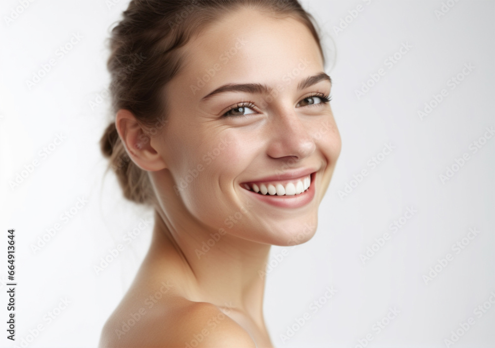 beautiful young woman smiling with a good teeth in a solid white background beautiful young woman smiling with a good teeth in a solid white background