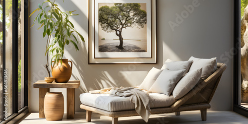 Chaise longue with gray pillows and plaid near stucco wall with blank mockup poster frame. Boho interior design of modern living room photo