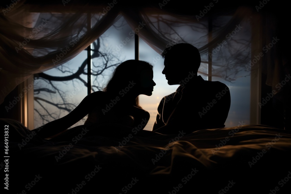 Silhouette of couple in bed at night time. Romantic family night seductive sex. Generate Ai