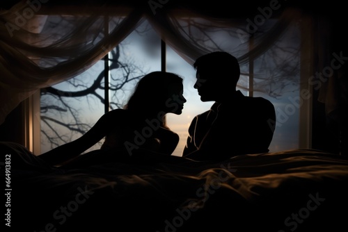 Silhouette of couple in bed at night time. Romantic family night seductive sex. Generate Ai