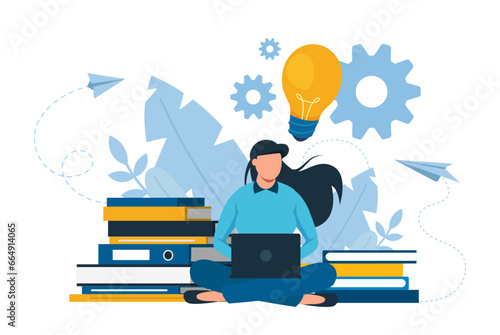 vector of a woman working on computer, studying