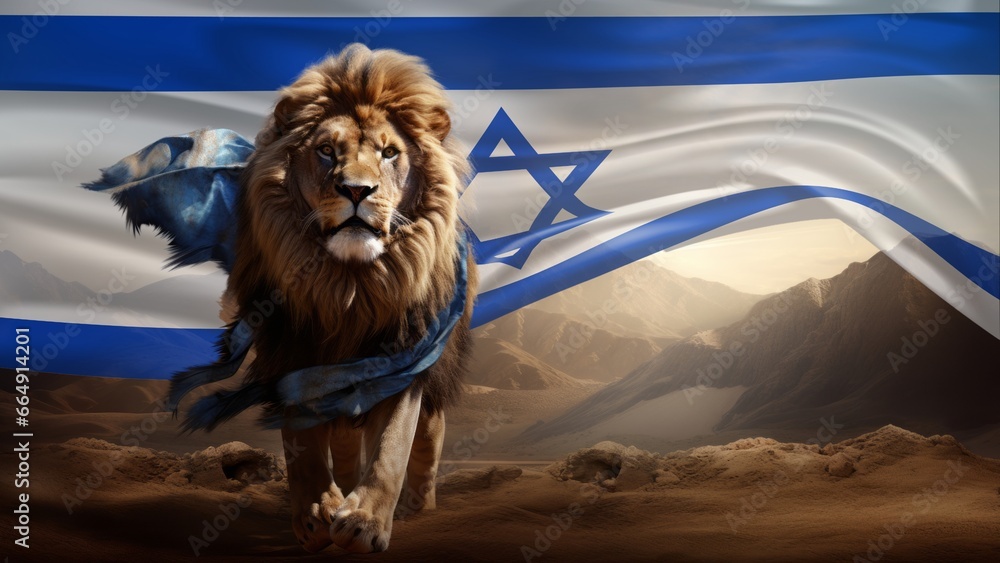 Naklejka premium Lion of Judah in Help of Israel War with Flag. AI Generative