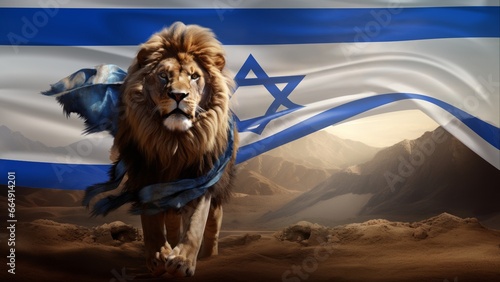 Lion of Judah in Help of Israel War with Flag. AI Generative