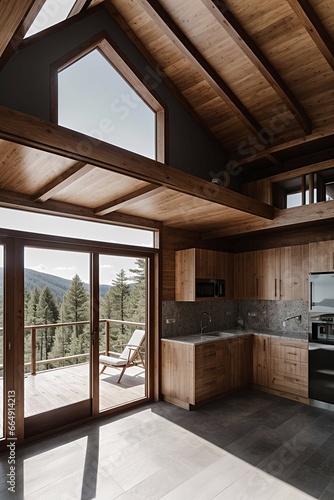 there is a kitchen with a large window and a view of the mountains